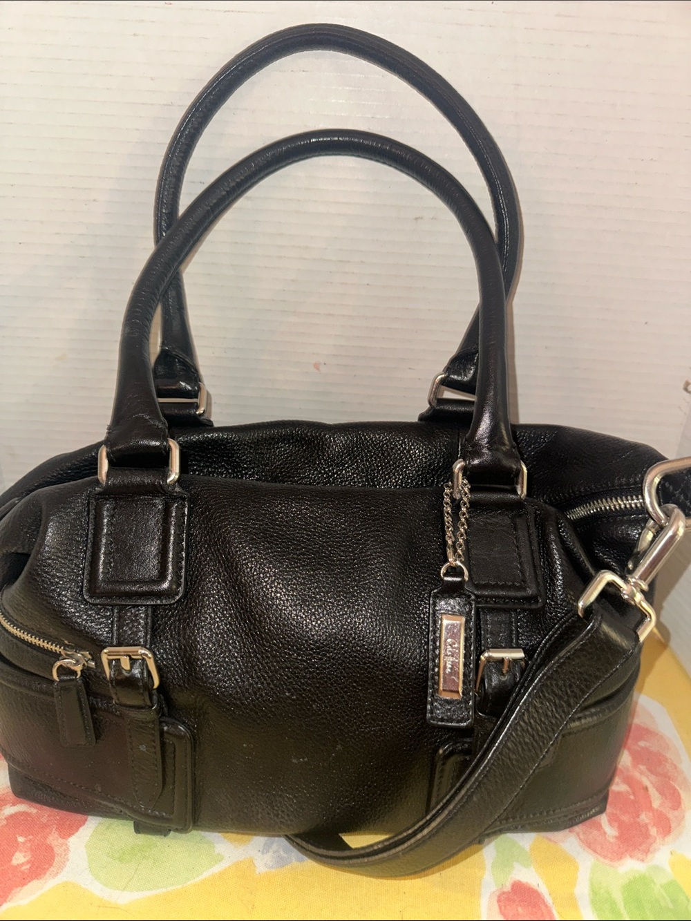Cole Haan Black Gramercy Archer Leather Satchel Bag w Crossbody Strap & Charm - Picture 2 of 15